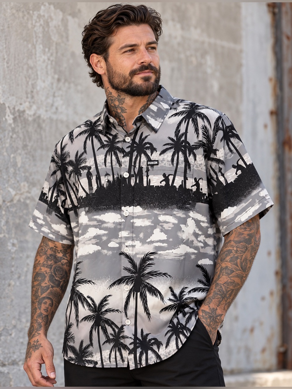 DIXXON Haole Boy 2.0 Party Shirt Men’s L Gray Black Palm Hawaiian Stretch